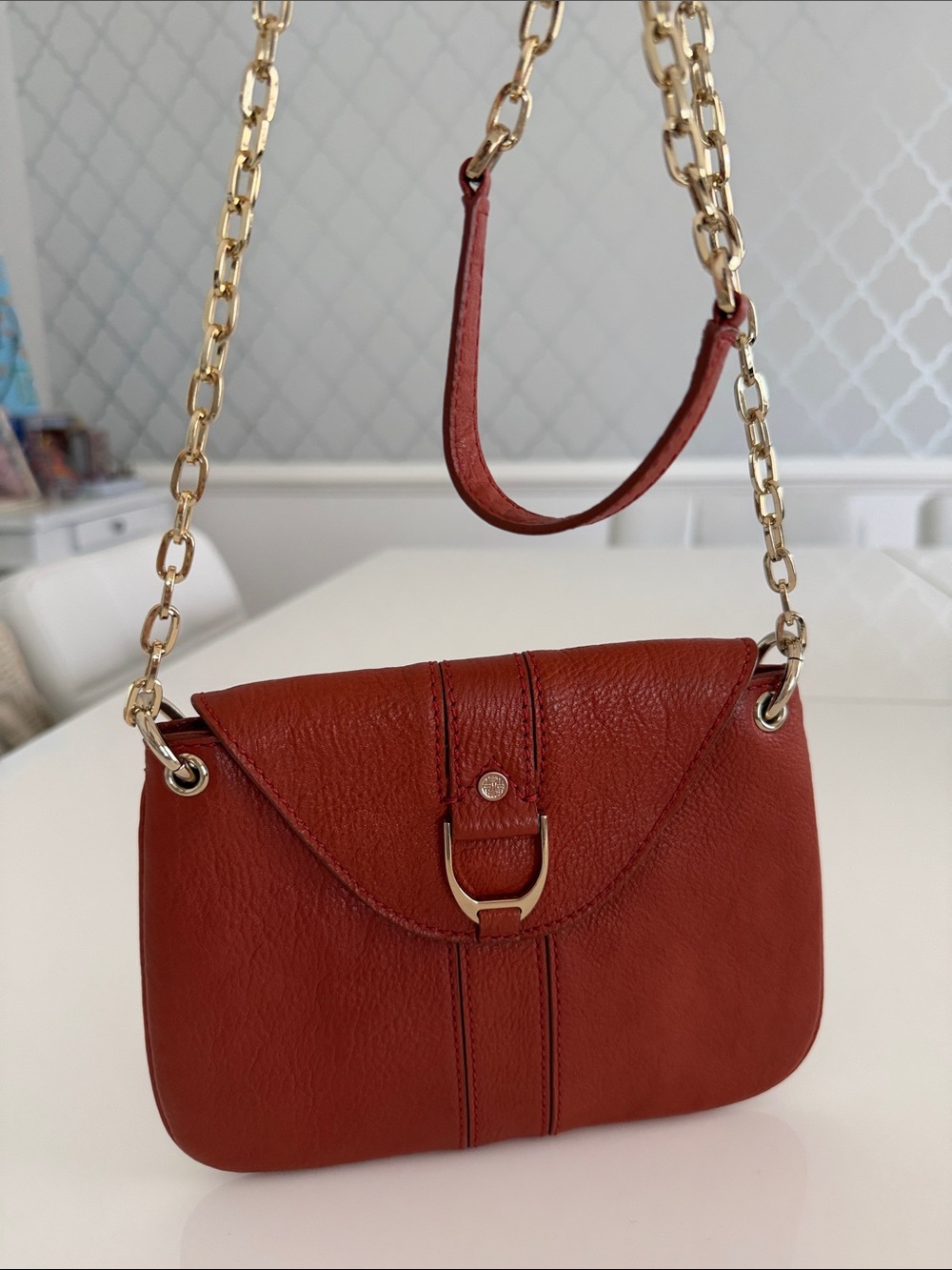 Cole Haan Red/Burgundy Leather Crossbody Bag with Gold Chain